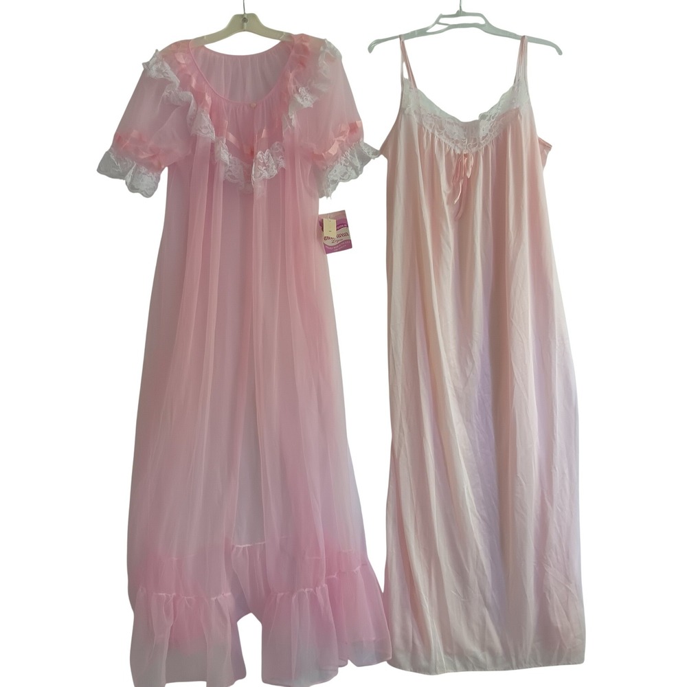 Dreamwear Vintage Peignoir Lingerie Set Women Pink NWT 80's Robe Gown Lace Trim